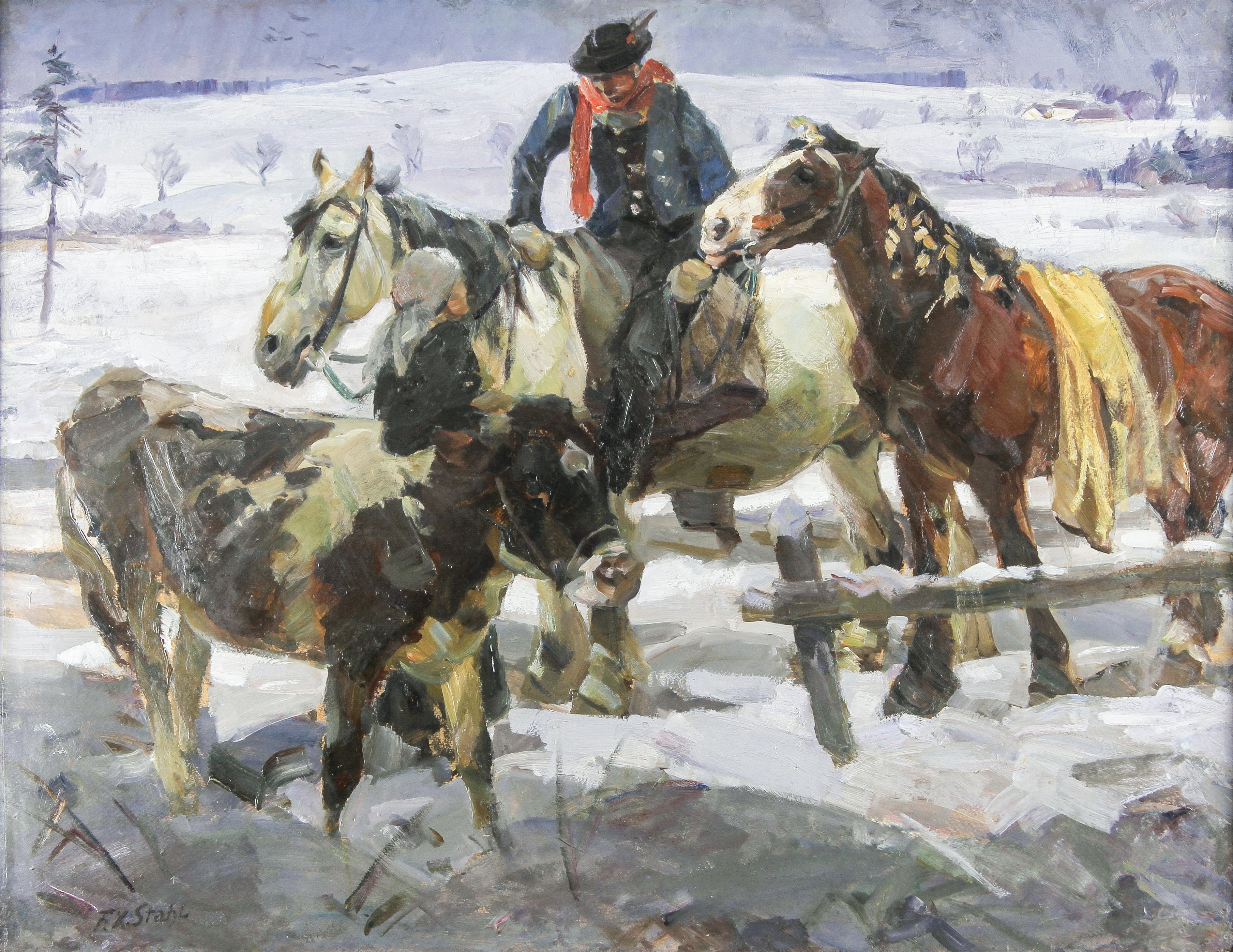 Auch im Werk des Tiermalers Franz Xaver Stahl kommt Schnee vor, wie hier in diesem Gemälde mit dem Titel „Begegnung“.